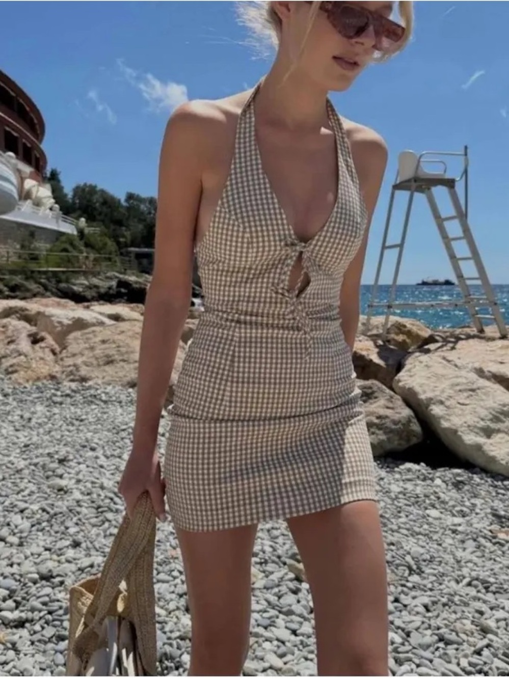 ZARA Halter Gingham Mini Dress in Beige